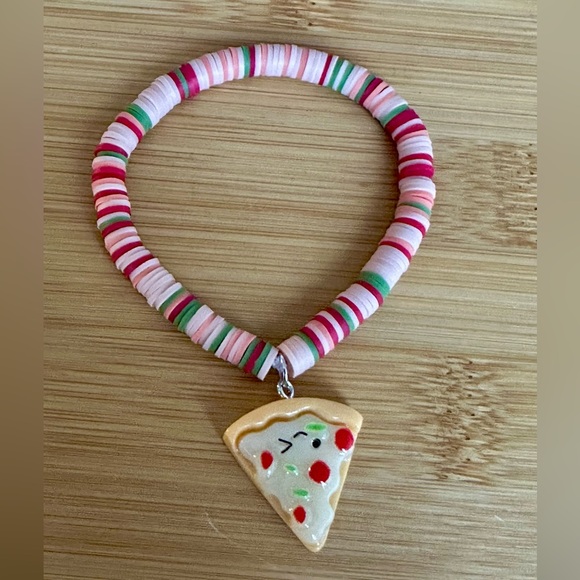 Handmade Jewelry - Handmade Polymer Clay  “Pizza” Stretch Bead Bracelet Size 7 inches